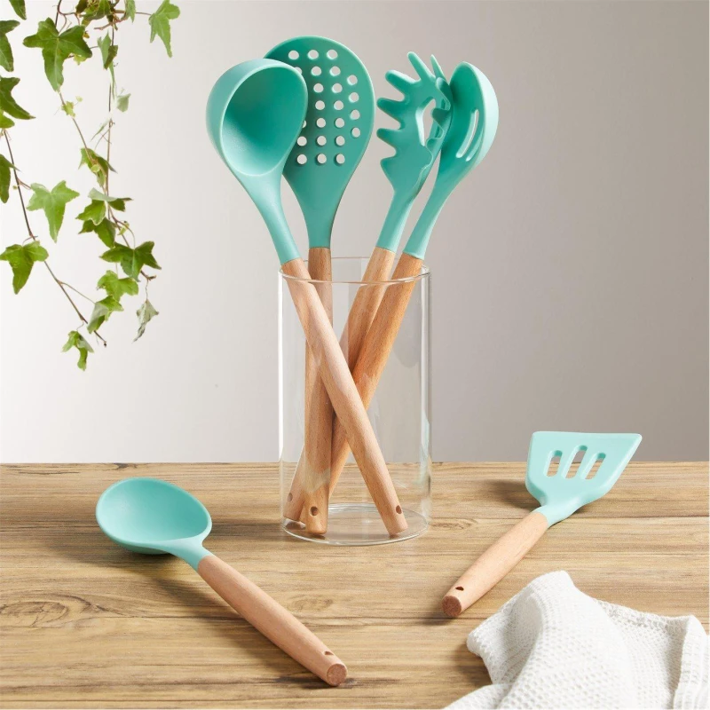 Image of Homelife Set of 6 Silicone and Wood Utensils - Green Green One Size