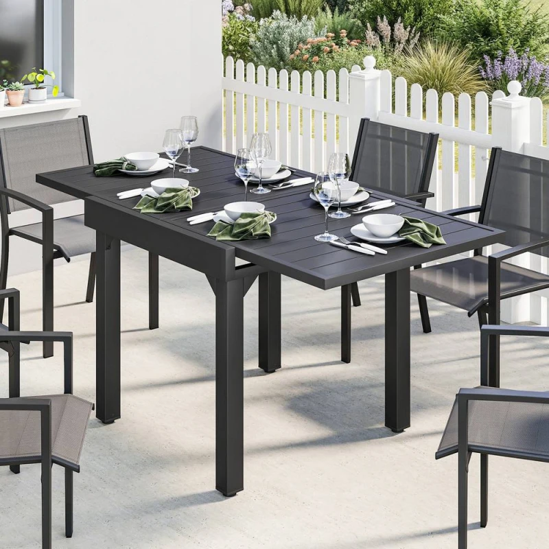 Image of OUTSUNNY Expandable Patio Table for 4-6 People with Slatted Top, Black Size: 160cm x 80cm Black Unisex 160cm x 80 cm