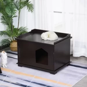 Image of PawHut Wooden Cat Litter Box Covered Mess Free End Table Hideaway Storage Cabinet, Brown