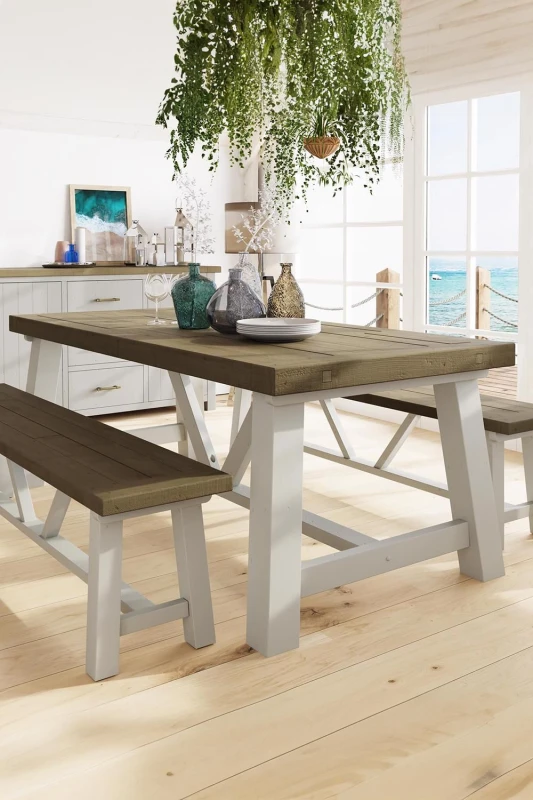 Image of FWStyle 2M Solid Reclaimed Truffle Pine Finish Dining Table With 2 Free Extension Leafs Brown