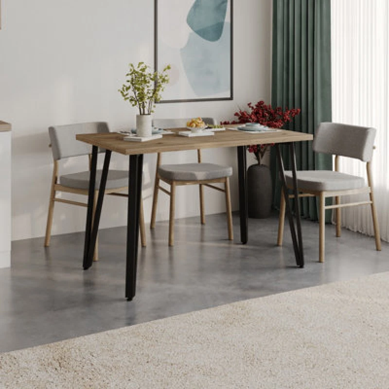 Image of Decortie Xana Compact Rectangular Dining Table 4 Seater, Black Plastic 4-Legs Kitchen Table Dining Room 120X77.5Cm Natural Oak