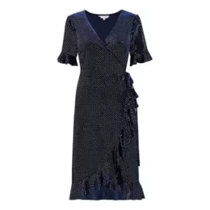 Image of Yumi Navy Velvet Metallic Spot Wrap Dress - Blue