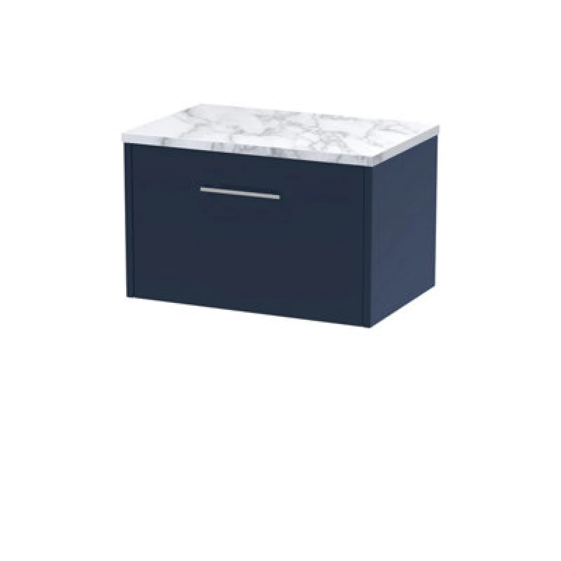 Image of HUDSON REED Hudson Reed - Juno Wall Hung 1-Drawer Vanity Unit with Carrera Marble Worktop 600mm Wide - Midnight Blue JNU2922LCM