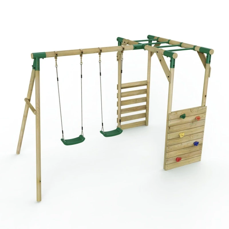 Image of Rebo Wooden Double Swing Set with Climbing Wall and Monkey Bars - Venus Green Green