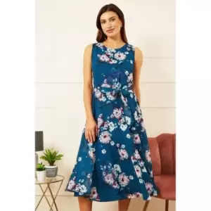 Image of Yumi Teal Watercolour Floral Skater Dress - Blue