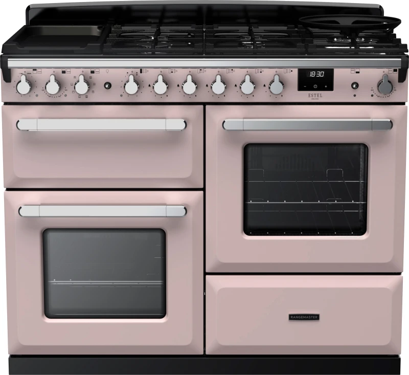 Image of Rangemaster Estel Deluxe ESDLO110DFPPPK/CM1 110cm wide Dual Fuel Range Cooker with Gas Hob - Pale Pink / Chrome - A/A Rated