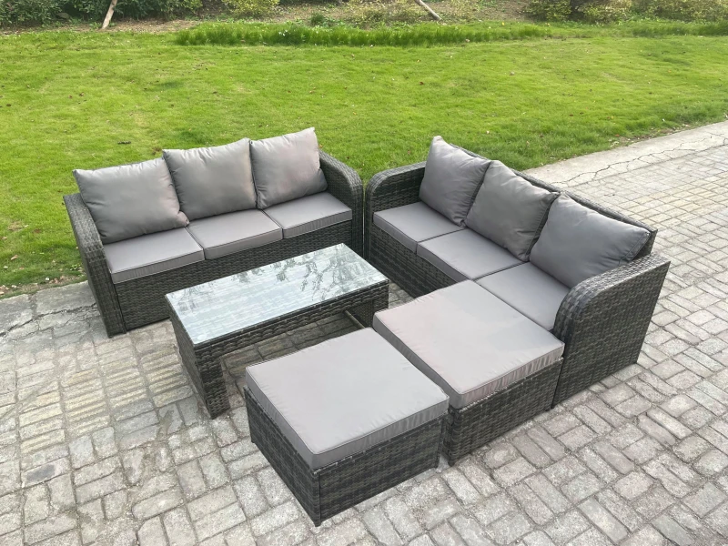 Image of Fimous Outdoor Lounge Sofa Set Rattan Garden Furniture Set with Rectangular Coffee Table 2 Big Footstool Dark Grey Mixed Dark Grey