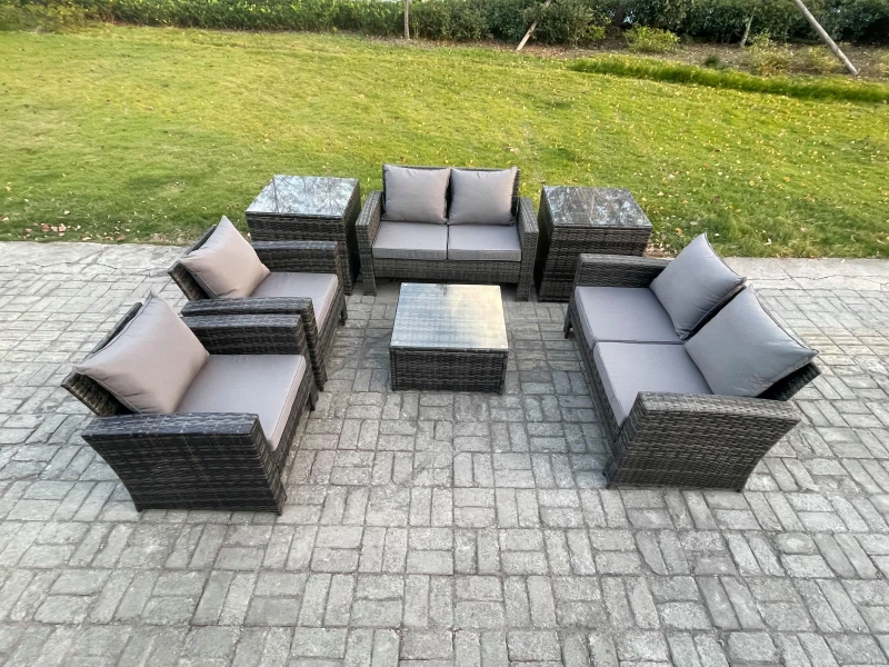 Image of Fimous Rattan Garden Furniture Set Patio Outdoor Lounge Sofa Set with Square Coffee Table Double Seat Sofa 2 Side Tables in Dark Grey Dark Grey Unisex