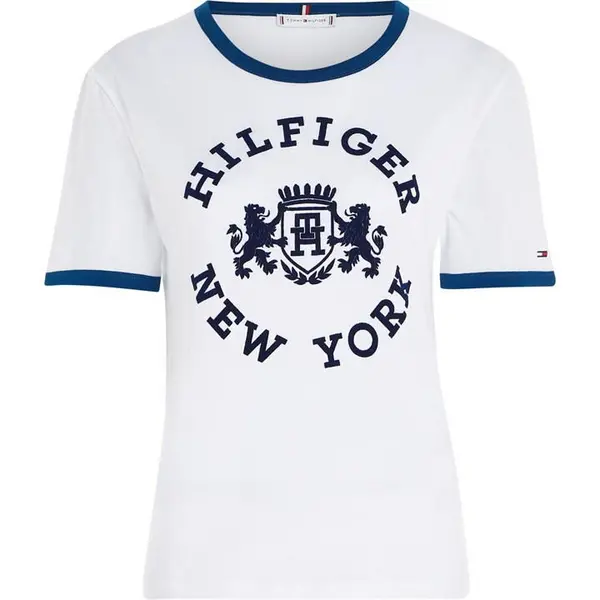 Image of Tommy Hilfiger Varsity Flocked Logo T-Shirt Womens Regular Fit T-Shirts 8 (XS) White 65031701310