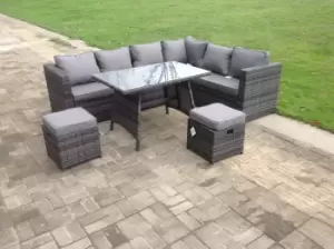 Image of Fimous 5 Seater Outdoor Dark Grey Mixed Rattan Lounge Complete Sofa Set with Rectangular Dining Table and 2 Stools