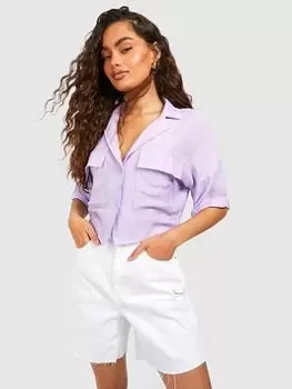 Image of Boohoo Oversized Linen Shirt - Purple, Purple, Size 16, Women