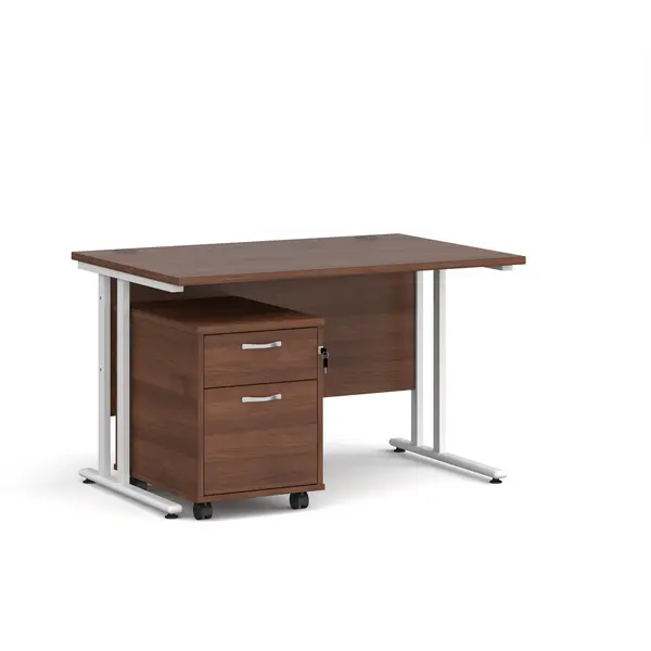 Image of Maestro 25 Straight Desk with White Cantilever Frame and 2 Drawer Pedestal - Walnut - 1200mm x 800mm