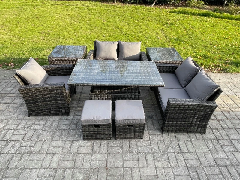 Image of Fimous 7 Seater Outdoor Rattan Patio Furniture Set Garden Height Adjustable Rising Lifting Table Sofa Dining Set w/ 2 Side Tables 2 Small Footstools D
