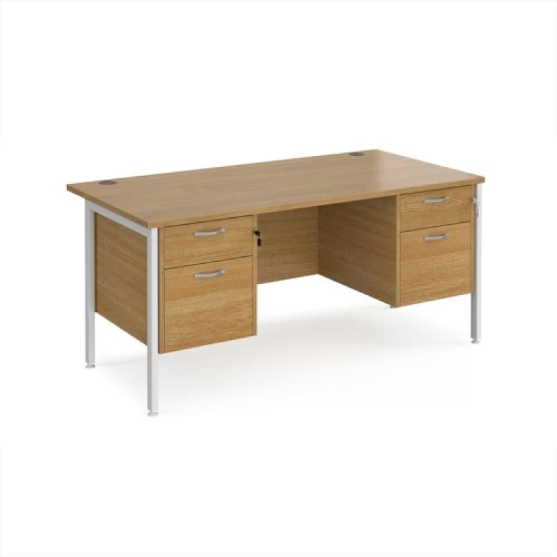 Image of Maestro 25 Office Desk Rectangular Desk 1600mm With Double Pedestal Oak Top With White Frame 800mm Depth Maestro 25 MH16P22WHO Oak MH16P22WHO