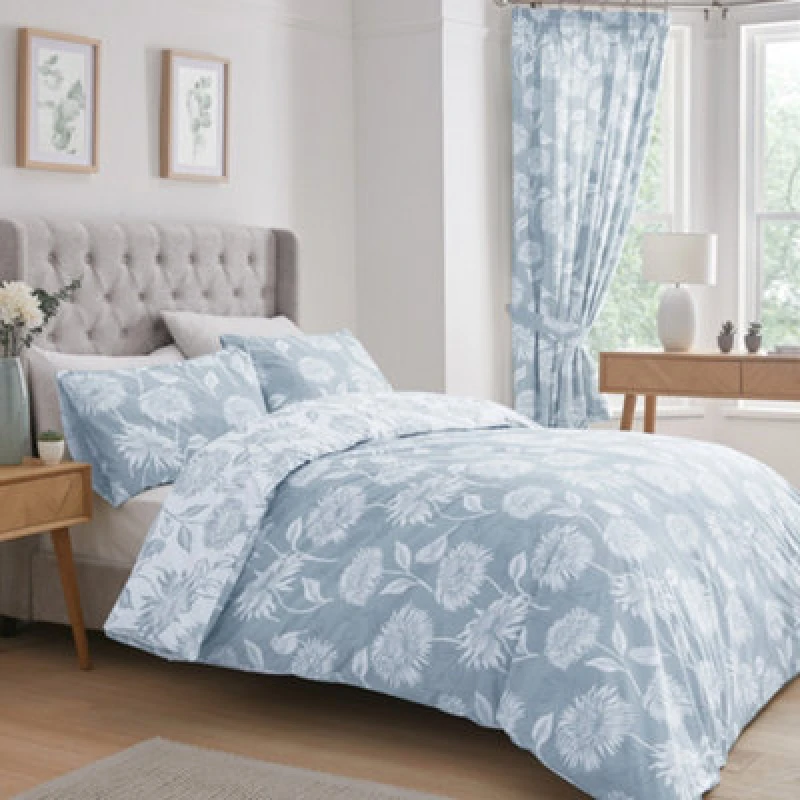 Image of Dreams and Drapes Chrysanthemum Reversible Duvet Cover Pillowcase Set Blue
