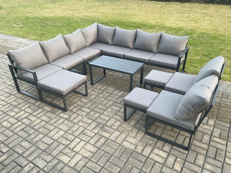 Image of Fimous Aluminium 12 Seater Patio Outdoor Garden Furniture Lounge Corner Sofa Set with Oblong Coffee Table with 3 Footstools Dark Grey Dark Grey Unisex