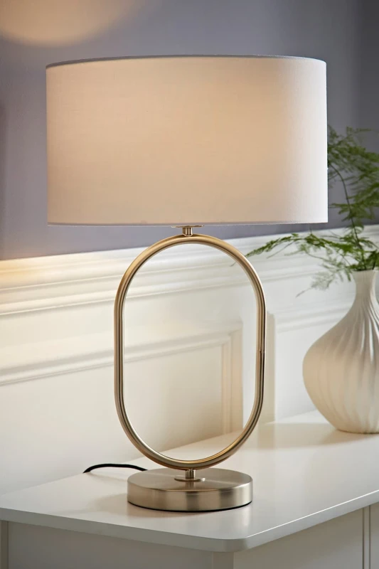 Image of ValueLights ValueLights Antonia Fabric Drum Lamp Shade Brushed Chrome Oval Table Lamp in White White One Size Unisex 5059406064739