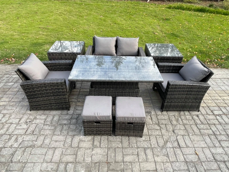 Image of Fimous Rattan Garden Furniture Sofa Sets with Height Adjustable Rising Lifting Table 2 Side Tables 2 Small Footstools in Dark Grey Dark Grey Unisex