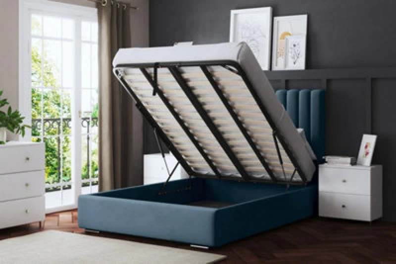 Image of DS LIVING Evangeline Blue Upholstered Panel Bed With Ottoman Metal Gas Lift Double AM_TUBESOB_DBL_BLU