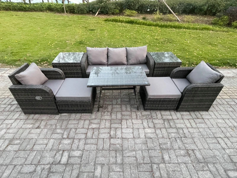 Image of Fimous Outdoor Garden Furniture Sets 8 Pieces Wicker Rattan Furniture Sofa Sets with Rectangular Dining Table 2 Big Footstool Dark Grey