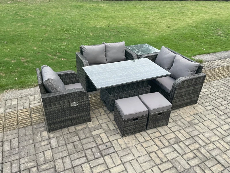 Image of Fimous 7 Seater Rattan Furniture Garden Dining Set Outdoor Height Adjustable Rising lifting Table Love Sofa Chair Dark Grey