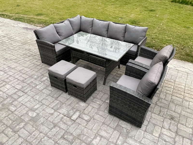 Image of Fimous 10 Seater Outdoor Rattan Garden Furniture Set with Rectangular Dining Table 2 Small Footstool 2 Armchairs Patio Wicker in Dark Grey Dark Grey U