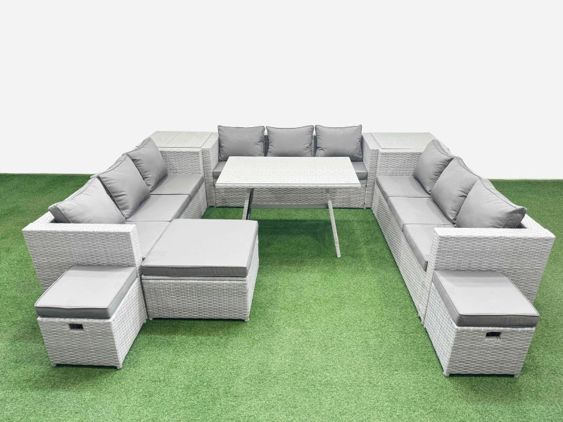 Image of Fimous 12 Seat Patio PE Rattan Garden Furniture with 2 Side Tables 3 Stool in Light Grey Light Grey Unisex