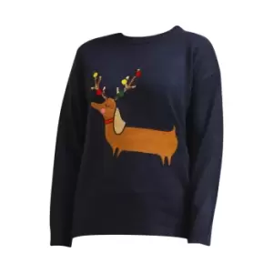 Image of Brave Soul Womens/Ladies Dachshund Christmas Jumper (XS) (Navy)