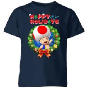 Image of Nintendo Super Mario Toad Happy Holidays Kid's Christmas T-Shirt - Navy - 9-10 Years