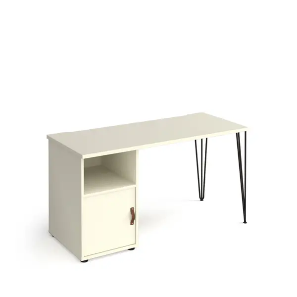 Image of Tikal Straight White Desk with Black Hairpin Leg with White Cupboard Door - 1400mm x 600mm