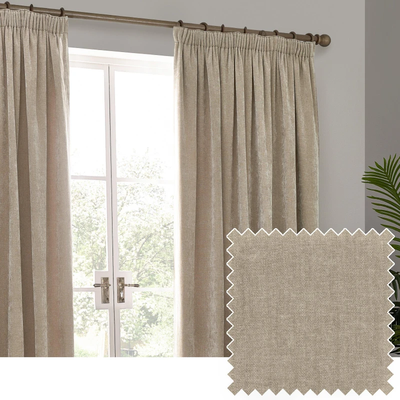 Image of Yard Heavy Chenille Velvet Ready Made Pencil Pleat Curtains Natural