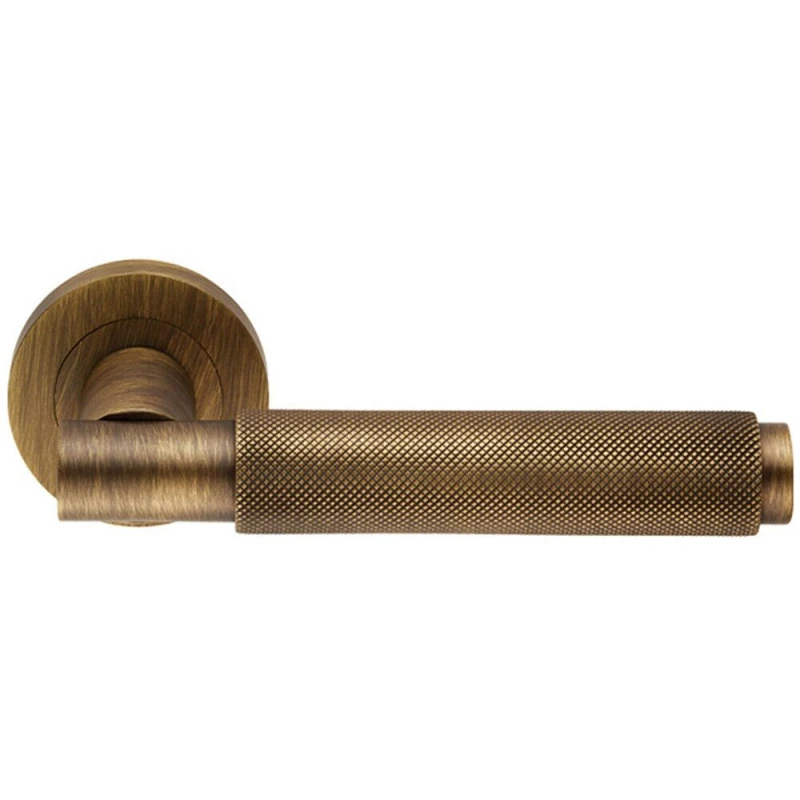 Image of Loops PAIR Knurled Grip Round Bar Handle on Round Rose Concealed Fix Antique Brass Metallics