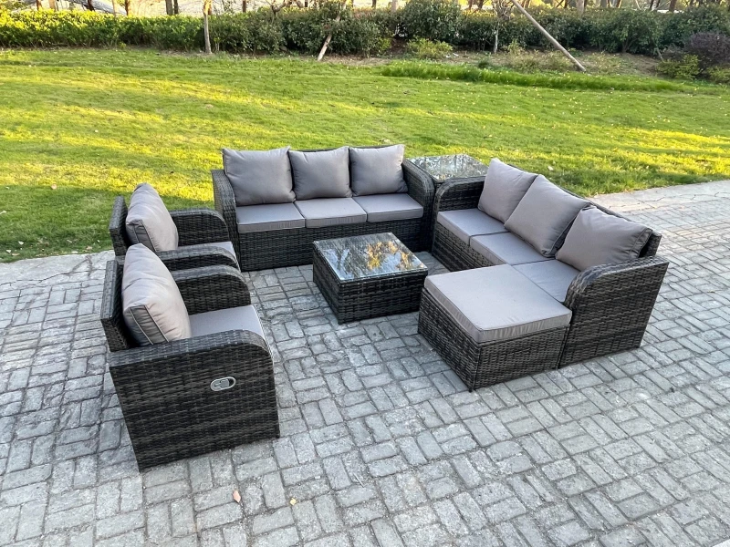 Image of Fimous High Back Rattan Garden Furniture Set with Coffee Table Big Footstool Side Table Indoor Outdoor Patio Lounge Sofa Set Dark Grey Mixed Dark Grey