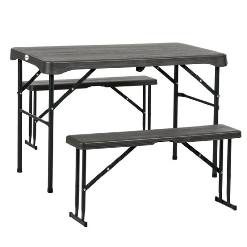 Image of Outsunny HDPE Picnic Table Set w/ Beer Table & 2 Benches for 6, Dark Grey Dark Grey