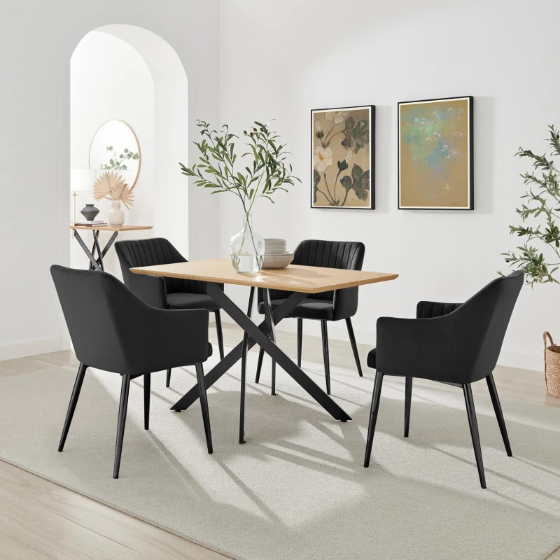 Image of FurnitureboxUK FurnitureboxUK Leonardo Oak Effect Dining Table & 4 Calla Black Velvet Chairs in Brown Brown One Size Unisex 5056784315385