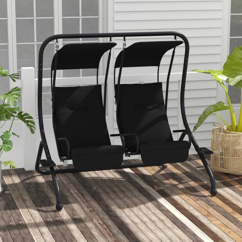Image of Outsunny Canopy Swing 2 Separate Relax Chairs w/ Handrails, Cup Holders, Black 84A-052V03BK
