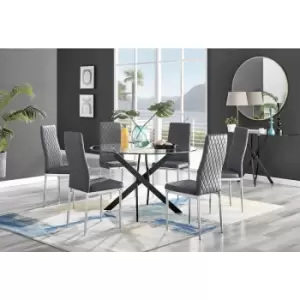 Image of Furniturebox Novara Black Leg 120cm Round Glass Dining Table & 6 Grey Milan Velvet Dining Chairs Diamond Stitch Modern Contemporary Chrome Metal