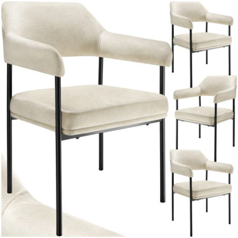 Image of Tectake Set Of 4 Armchair Doe - Durable Fabric, Black Powder-Coated Legs, 120 Kg Load, 58 X 62 X 85cm - Velvet Look Off-White