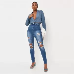 Image of Missguided Knee Distress Highwaisted Jean - Blue