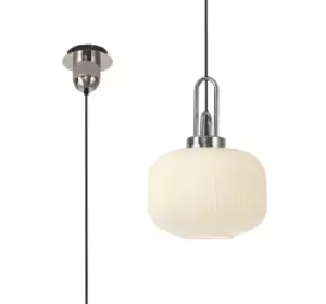 Image of 1 Light Pendant E27 With 30cm Pumpkin Shaped Ribbed Glass, Opal Polished Nickel, Matt Black