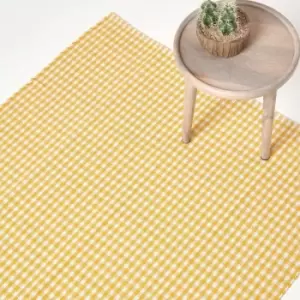 Image of Cotton Gingham Check Rug Hand Woven Yellow White, 60 x 90cm - Yellow - Homescapes