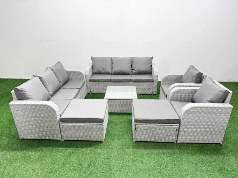 Image of Fimous PE Rattan High Back Lounge Sofa Set Patio Square Coffee Table & Chairs Set with 3 Seater Sofa Reclining Chair 2 Big Footstool Light Grey Light