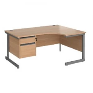 Image of Right Hand Ergonomic Desk with 2 Lockable Drawers Pedestal and Beech Coloured MFC Top with Graphite Frame Cantilever Legs Contract 25 1600 x 1200 x 72