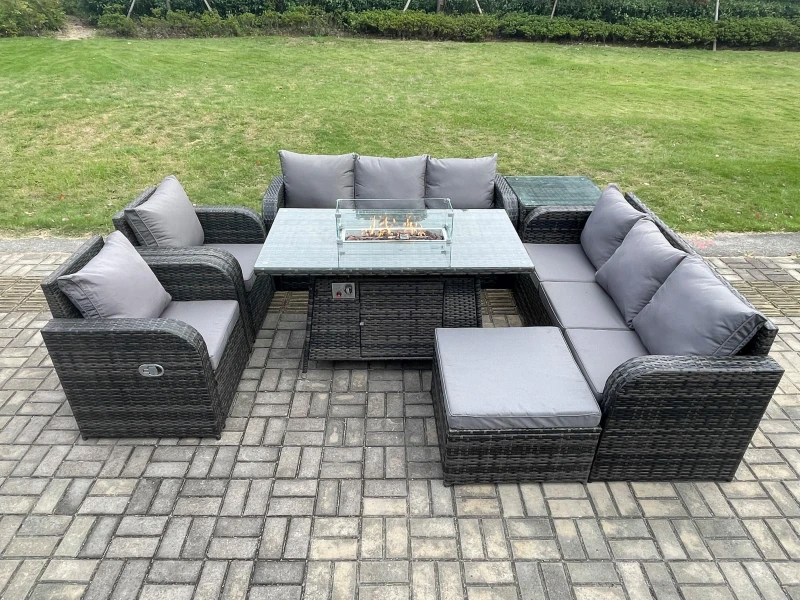 Image of Fimous Garden Patio Furniture Wicker Rattan Gas Fire Pit Table and Sofa set with Recling Chair Side Table Big Footstool Dark Grey