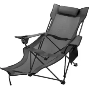 Image of Gray Reclining Folding Camp Chair with Footrest Mesh Lounge Chaise