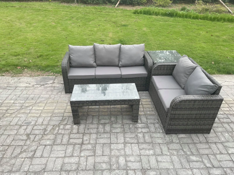 Image of Fimous Outdoor Rattan Garden Furniture Set Patio Lounge Sofa Set with Rectangular Coffee Table Side Table Dark Grey Mixed Dark Grey