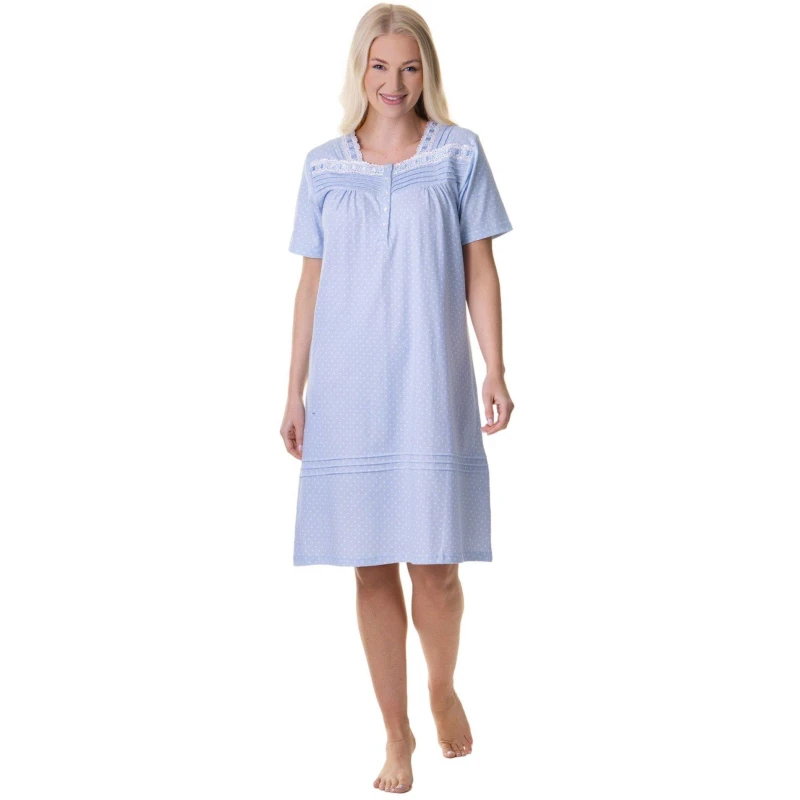 Image of Camille 100% Cotton Short Sleeve White Polka Dot Nightdress Blue female 14-16
