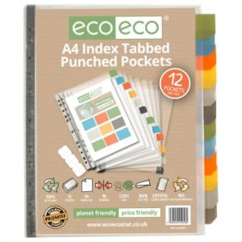 Image of Eco Eco 95% Recycled Index Tabbed Premier Punched Pocket A4 Assorted (12 Pack) eco058-S