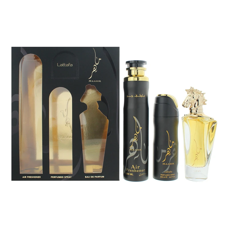 Image of Lattafa Maahir 3 Piece Gift Set: Eau de Parfum 100ml - Air Freshener 300ml - Perfumed Body Spray 200ml