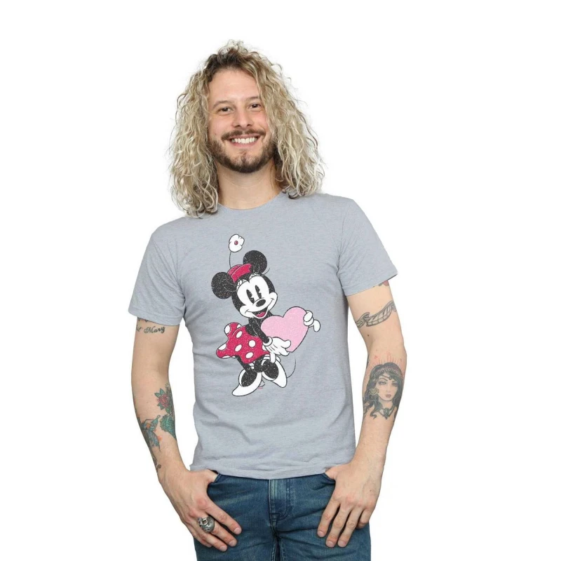 Image of Disney Men Minnie Mouse Love Heart T-Shirt in Grey Size: Small Grey S Male 5059114432523